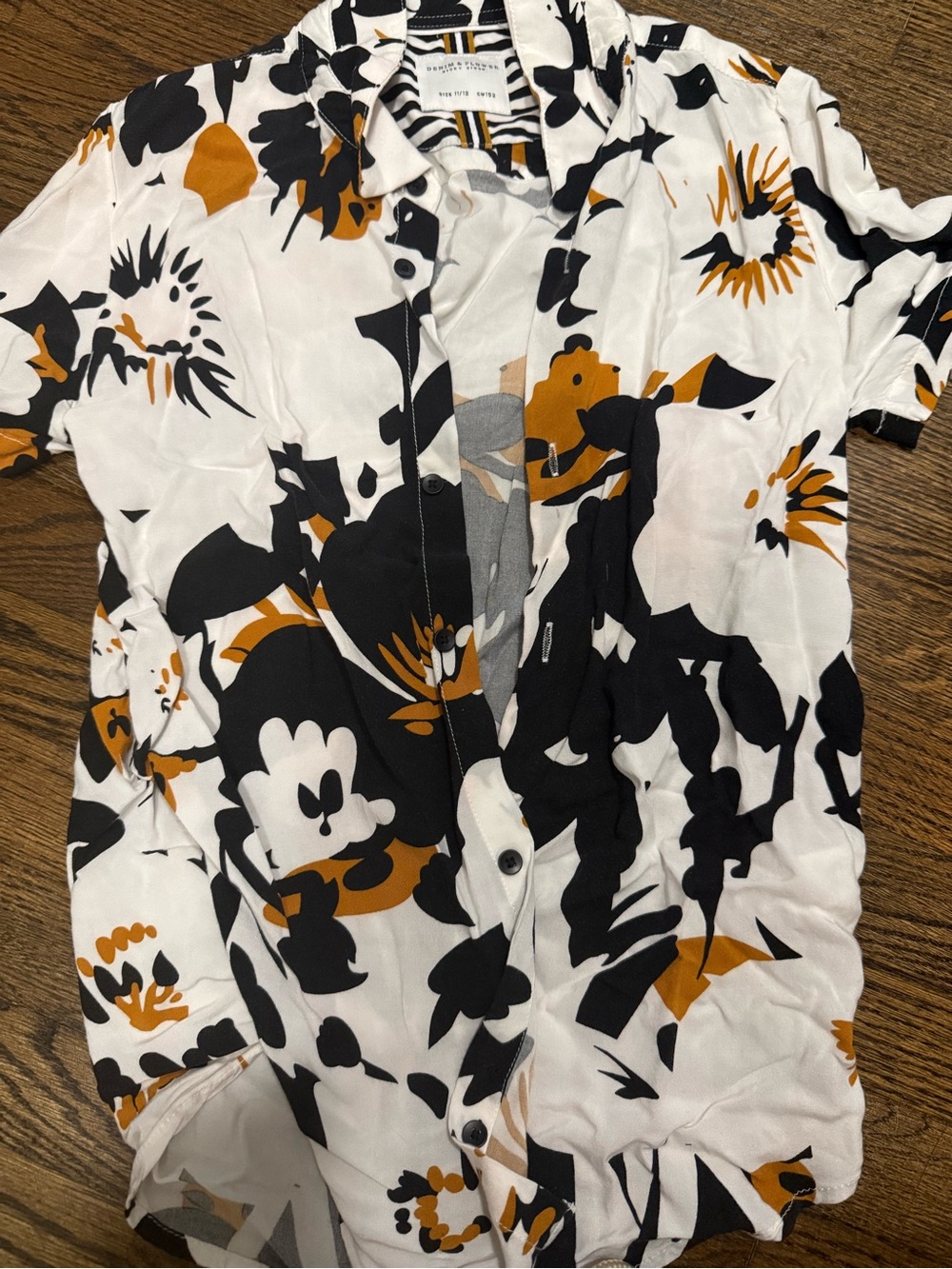 Denim & Flower boys White Button-Up Shirt with Black & Mustard Floral Print